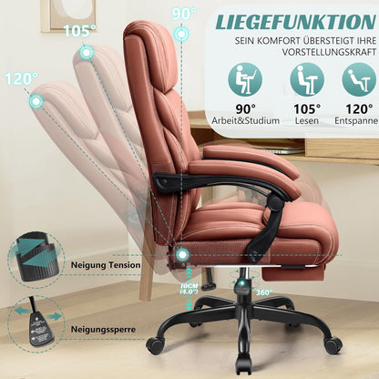Bureaustoel – Bureaustoel Ergonomisch – Bureaustoel Met Voetensteun – Managersstoel – Werkstoel – Mat Bruin Kunstleer – Grote Hoge Zitting – Kantelfunctie En Hoogteverstelling