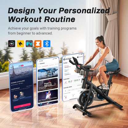 Merach Hometrainer met verstelbare weerstand, stille hometrainer met led-monitor, comfortabel zitkussen, eigen app, capaciteit 136 kg, aerobic-training