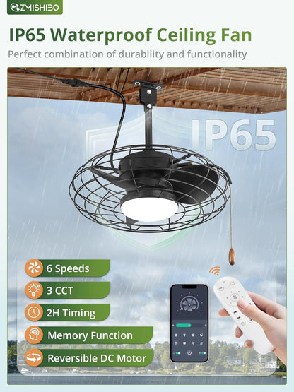ZMISHIBO Buitenplafondventilator met licht, IP65 waterdicht, kooidesign, afstandsbediening en app-bediening, dimbare led, 3 kleurtemperaturen, voor terras, pergola en paviljoen, 15/25 cm stangen, 5 m