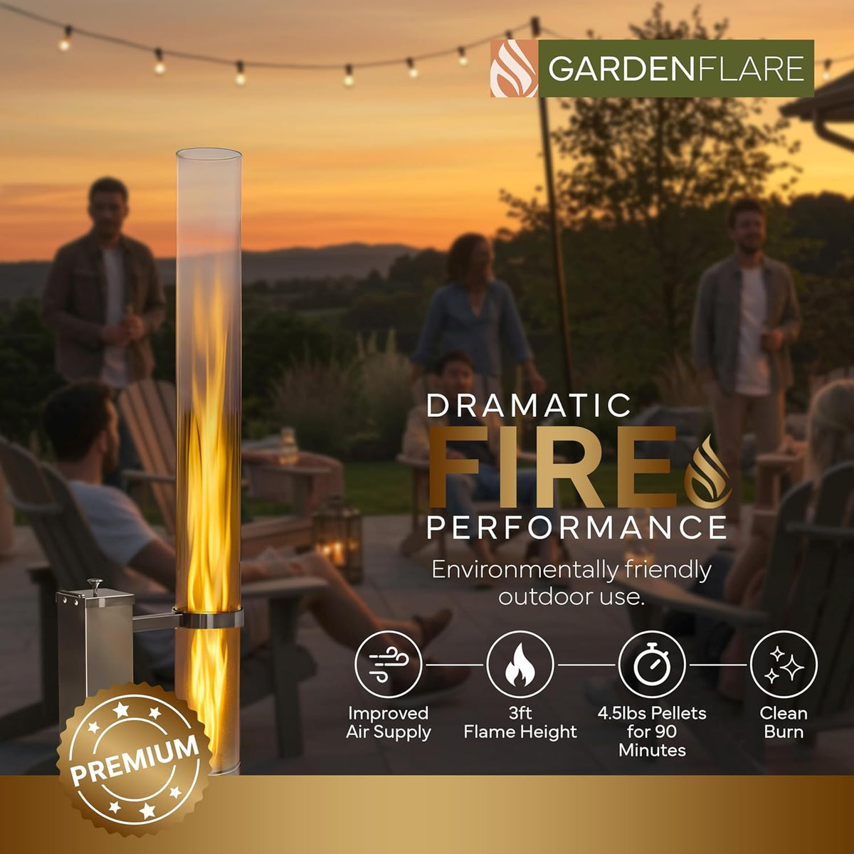 GARDENFLARE Premium vuurkorf - grote roestvrijstalen pelletzaklamp met vlam tot 1,5 m en reinigingsborstel inbegrepen, vuurkolom voor tuin en terras, je duurzame buitensfeervuur (zilver)