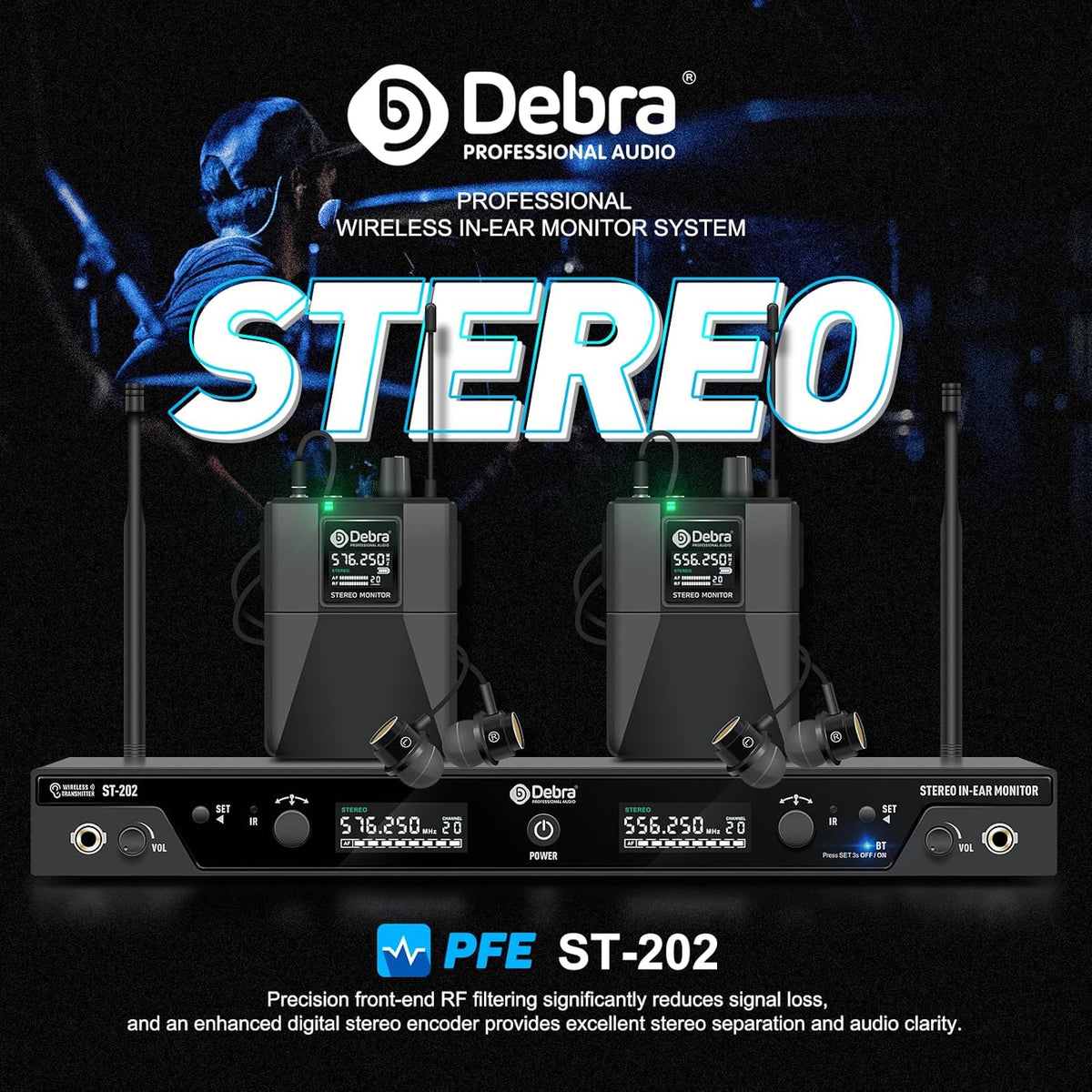 D Debra ST-202 UHF Draadloos In-ear Monitor Systeem met Stereo, Dubbel Kanaal voor Podium, Studio en Band (2 pocket-ontvangers)