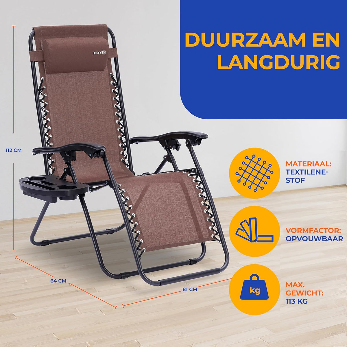 Serenelife Sun Lounger, Set of 2 Sun Loungers - Adjustable Garden Loungers with Side Table, Cup Holders, Removable Cushions - Foldable and Portable Lounge Chairs for Patio Garden Beach - Brown - QUORE
