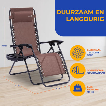 Serenelife Sun Lounger, Set of 2 Sun Loungers - Adjustable Garden Loungers with Side Table, Cup Holders, Removable Cushions - Foldable and Portable Lounge Chairs for Patio Garden Beach - Brown - QUORE