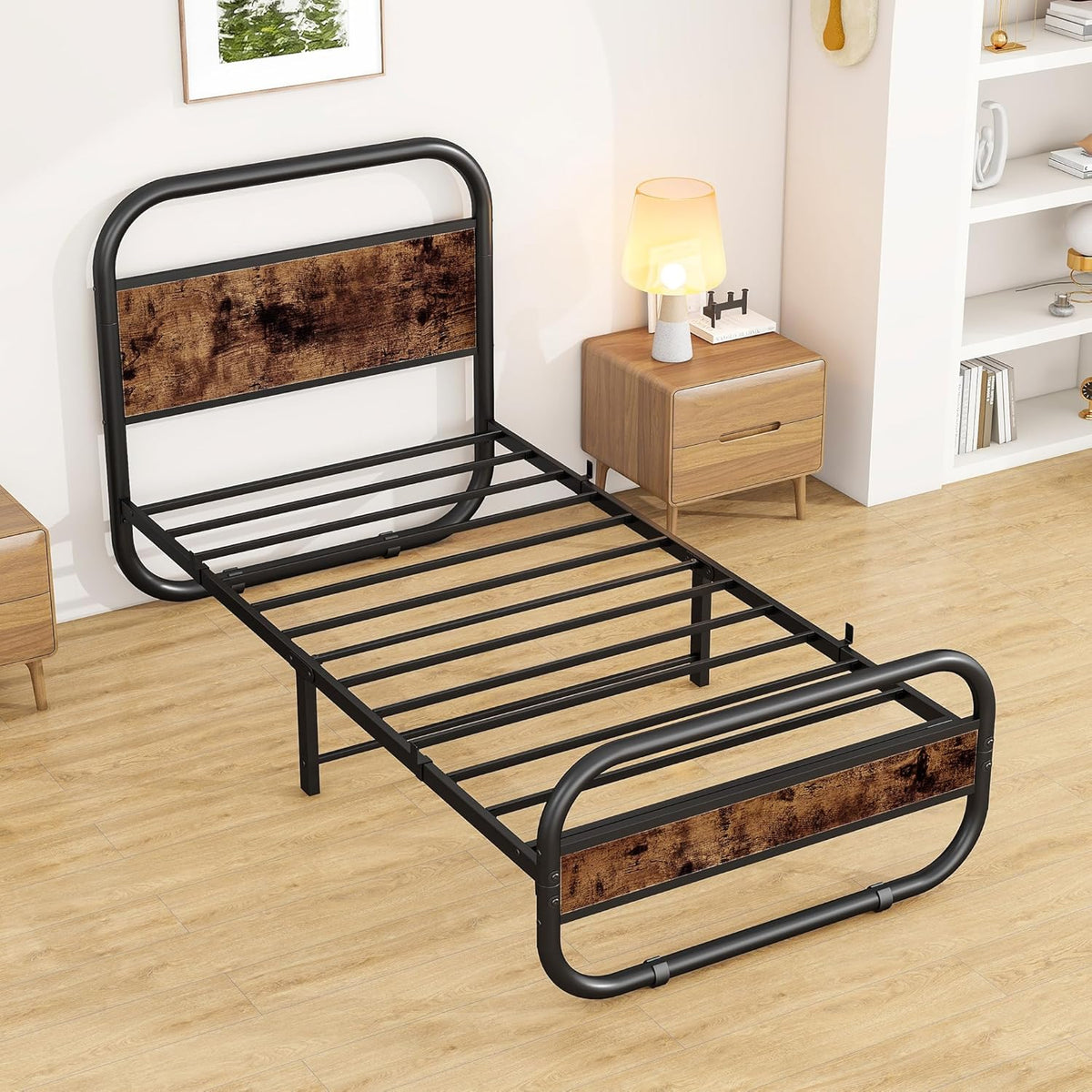 HOMERECOMMEND 3ft eenpersoons bedframe met hoofdeinde, ovaalvormig platformbed met opbergruimte onder het bed, stalen latten matrasbodem met rond pijpontwerp, bruin