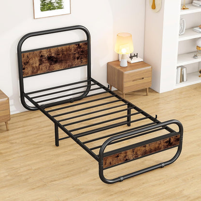 HOMERECOMMEND 3ft eenpersoons bedframe met hoofdeinde, ovaalvormig platformbed met opbergruimte onder het bed, stalen latten matrasbodem met rond pijpontwerp, bruin