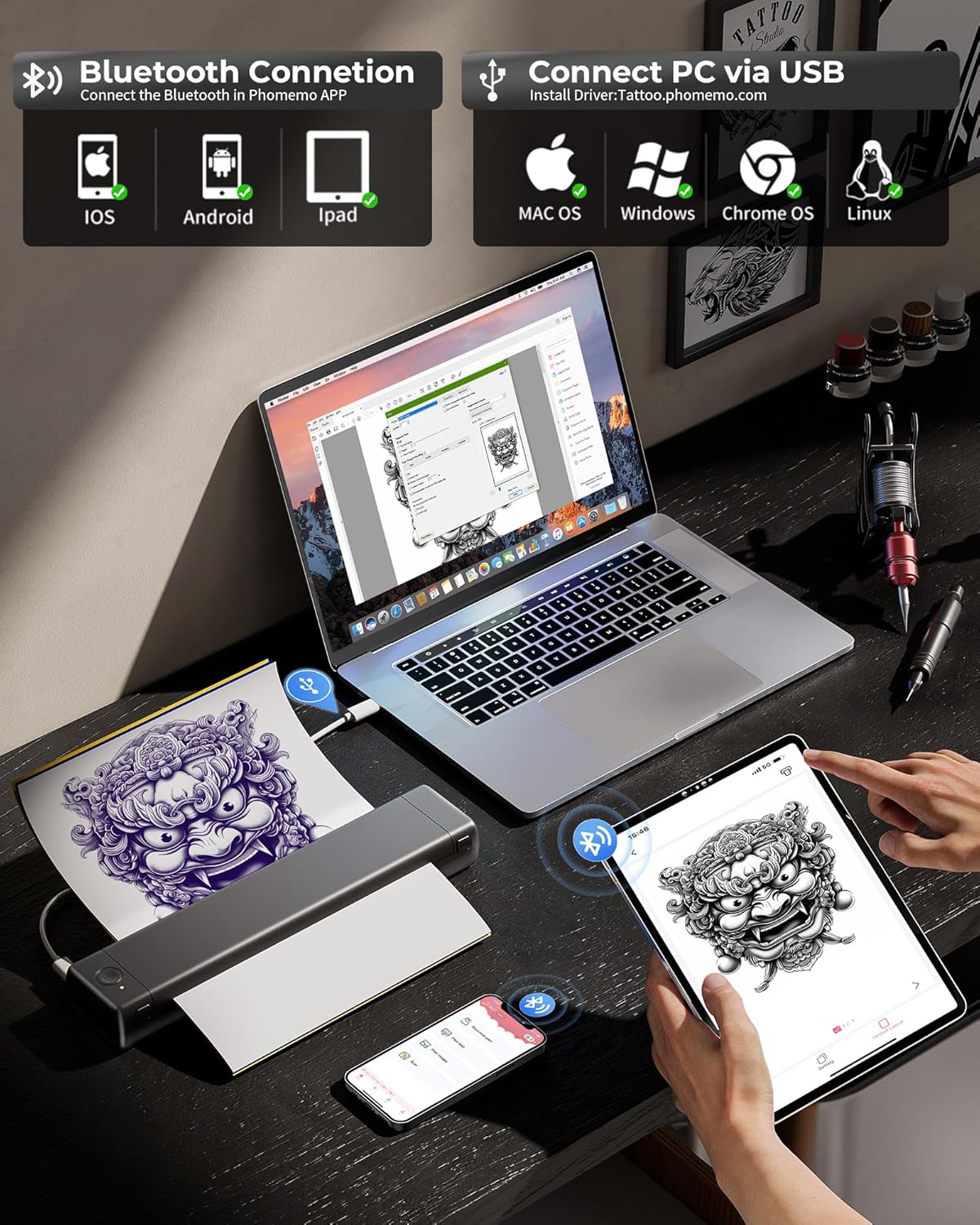 Tattoo Stencil Printer – Tattoo Printer – Tattoo Transfer Printer – Thermische Printer – Mobiele Tattoo Printer – Draadloos Bluetooth – Tot 140 Prints Per Batterij