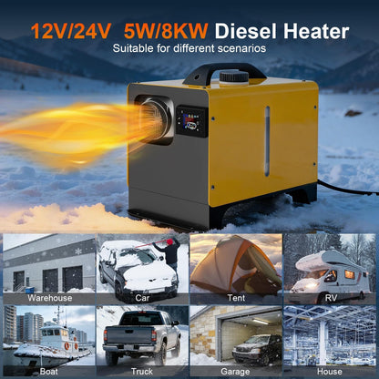 5-8KW Diesel Air Heater, 12V/24V Portable Diesel Heater, All in One Truck Heater with APP & LCD Monitor & Remote Control & Silencer, Fast Heating for Campervan, RV, Truck, Tent and Garage - QUORE