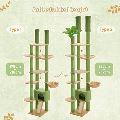 PAWZ Road High Cat Tree Floor to Ceiling Cat Tower Cactus with Adjustable Height (230-252cm), Cat Climbing Activity Center with Scratching Posts, Apartment, Cozy Hammock and Dangling Balls for - QUORE