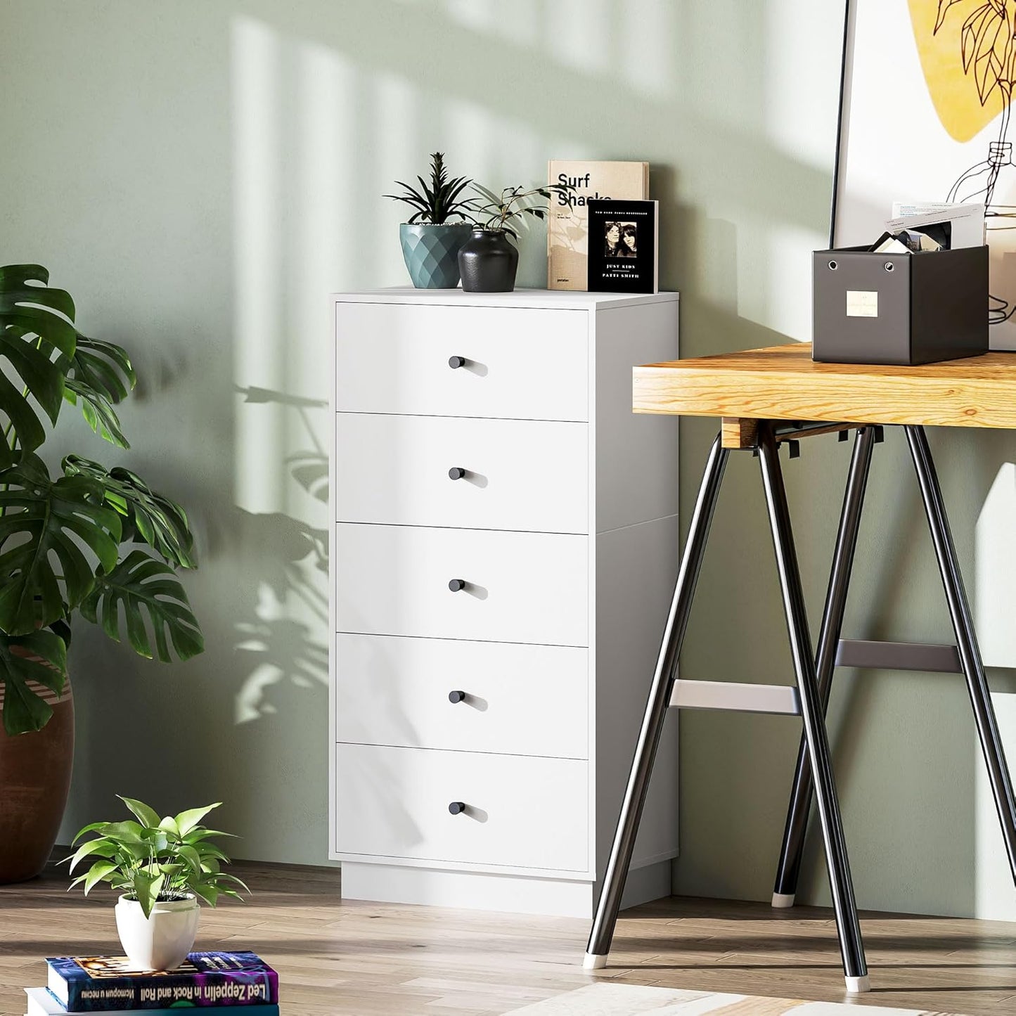HOMCOM Kommode Sideboard mit 5 Schubladen Schrank aus Holzwerkstoff Aufbewahrungsschrank im Modern Stil Schubladenschrank Kommodenschrank für Wohnzimmer Schlafzimmer Flur 47 x 29 x 95 cm Weiß - QUORE