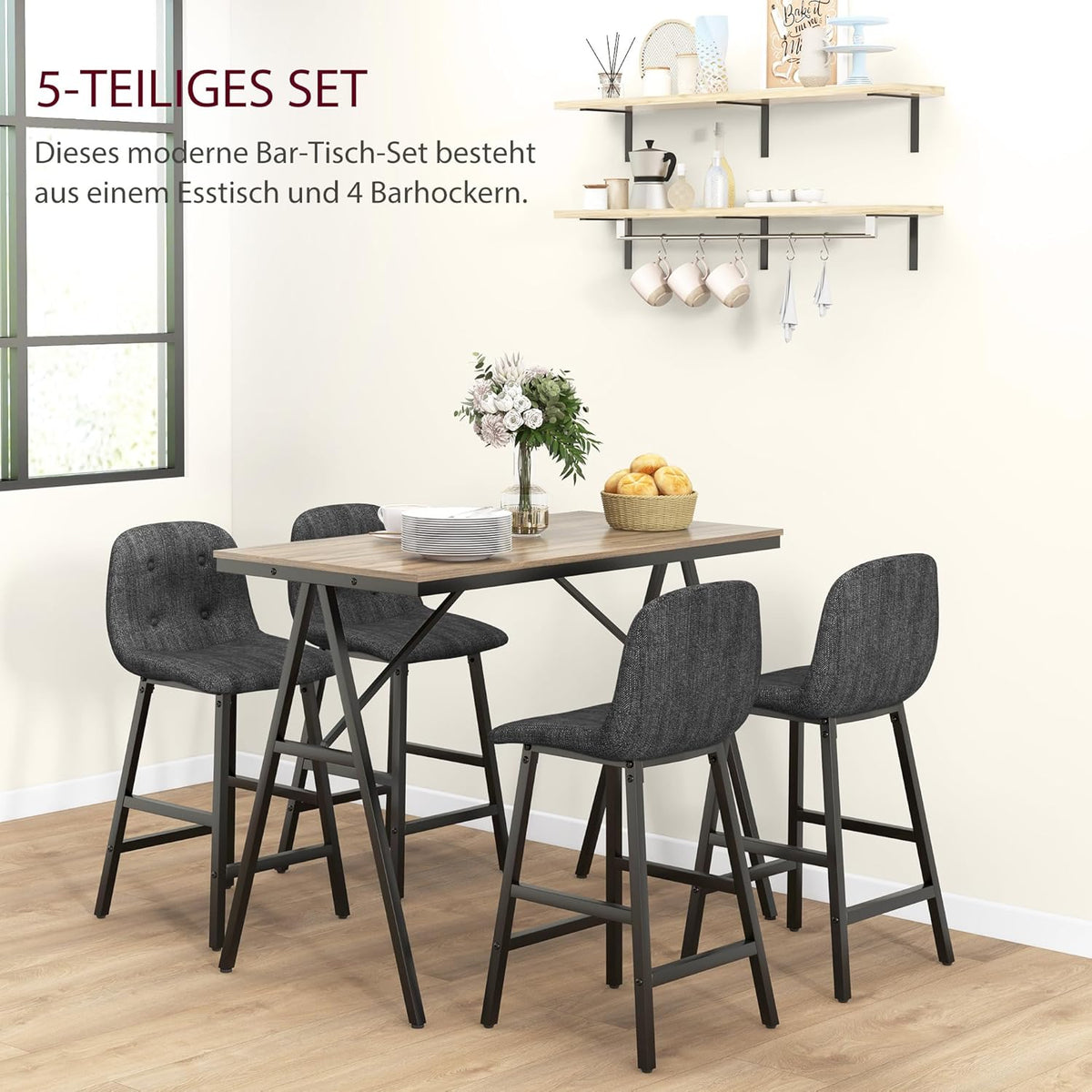 HOMCOM Bar Table with Bar Stool Set, 5-Piece Dining Group, Kitchen Table, Bistro Table with 4 Chairs, Bar Table Set for Kitchen, Living Room, Steel, Dark Grey, 120 x 60 x 91 cm - QUORE