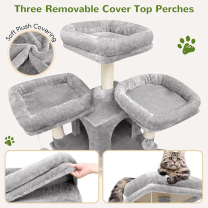 Krabpaal XXL – Krabmeubel – Kattenboom – Krabton – Kattenmeubel – Lichtgrijs – 204 cm Hoog – Luxe Met 3 Gevoerde Zitstokken & 2 Kattenhuisjes