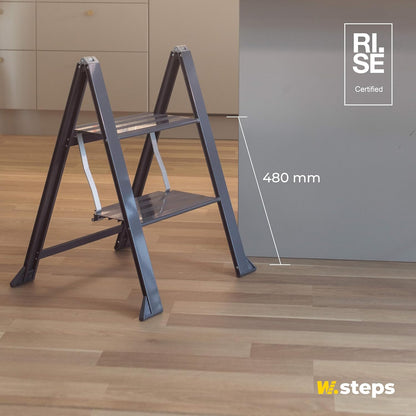 W.Steps 728502 Vikingstep Midi Zwarte aluminium trapladder, 480 mm hoog, belastbaar tot 150 kg, compacte aluminium vouwladder met 2 treden, slechts 35 mm breed