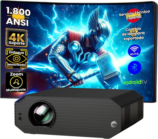 Unicview K5000 beamer, 1800 ANSI lumen, thuisbioscoop en presentatie, Android, gemotoriseerde focus, keystone 4D, digitale zoom, HDMI, USB-A, USB-C