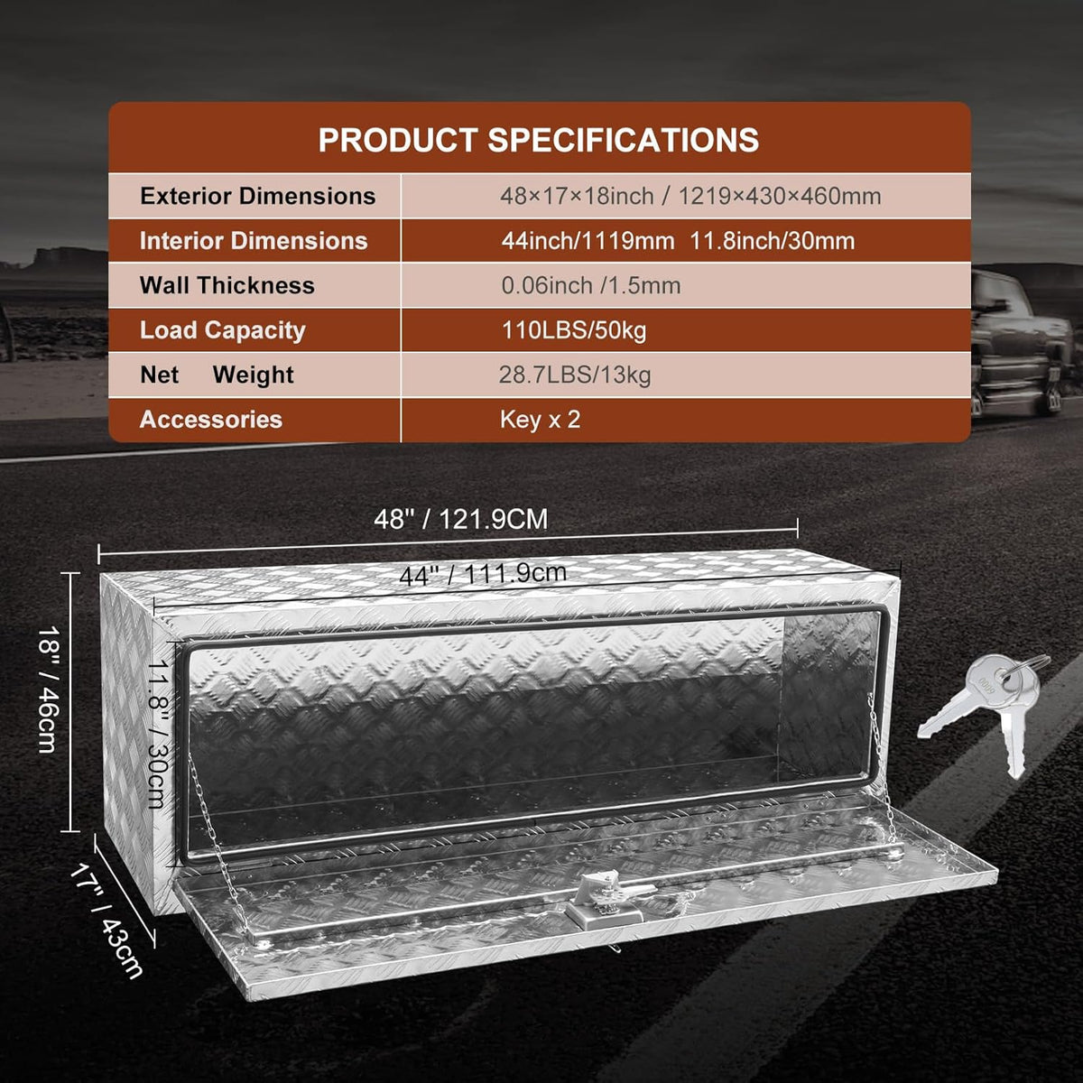 VEVOR Bodem-vrachtwagenbox, 1219 x 430 x 460 mm pick-up-opbergdoos, aluminium gereedschapskist met slot en sleutels, waterdichte gereedschapskist voor vrachtwagen, bestelwagen, aanhanger enz.