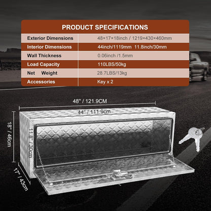 VEVOR Bodem-vrachtwagenbox, 1219 x 430 x 460 mm pick-up-opbergdoos, aluminium gereedschapskist met slot en sleutels, waterdichte gereedschapskist voor vrachtwagen, bestelwagen, aanhanger enz.