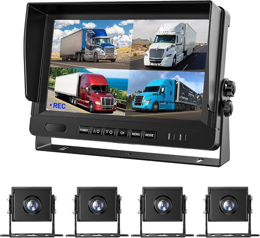 9 inch AHD achteruitrijcamera parkeersysteem kit ingebouwde DVR-bewaking IPS-monitor + 4 camera's 4-pins schokbestendig 4-kanaals gescheiden 720P HD-opname zonder licht nachtzicht voor 12V-24V truck bus trailer motorhome