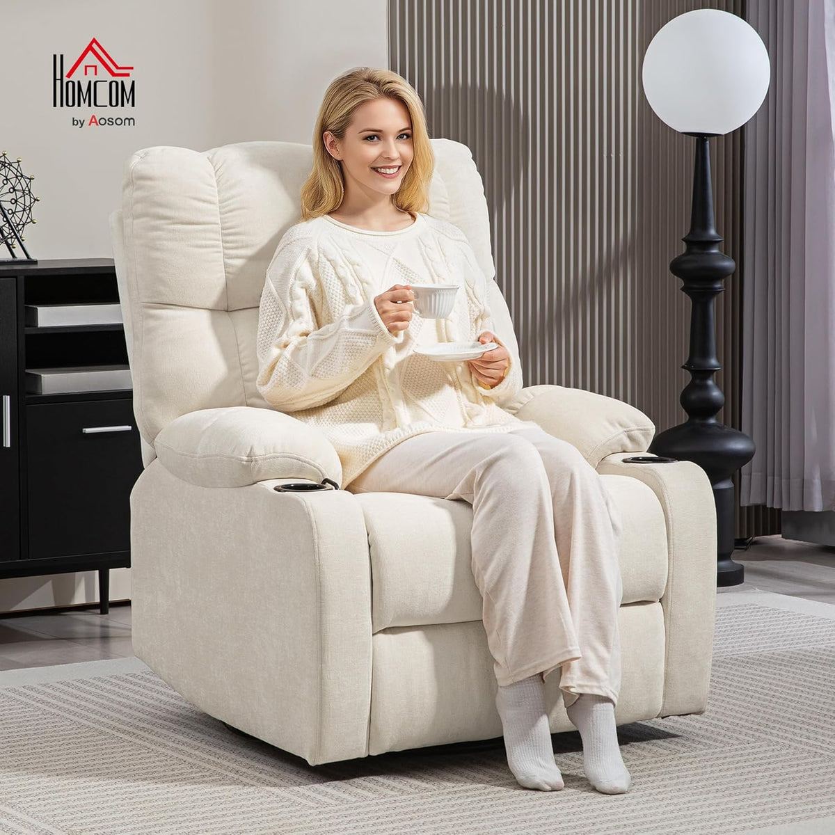 HOMCOM Relaxstoel, televisiestoel met ligfunctie, ligstoel, stoel met verstelbare rugleuning, voetensteun, relaxstoel met linnenlook voor woonkamer, slaapkamer, beige