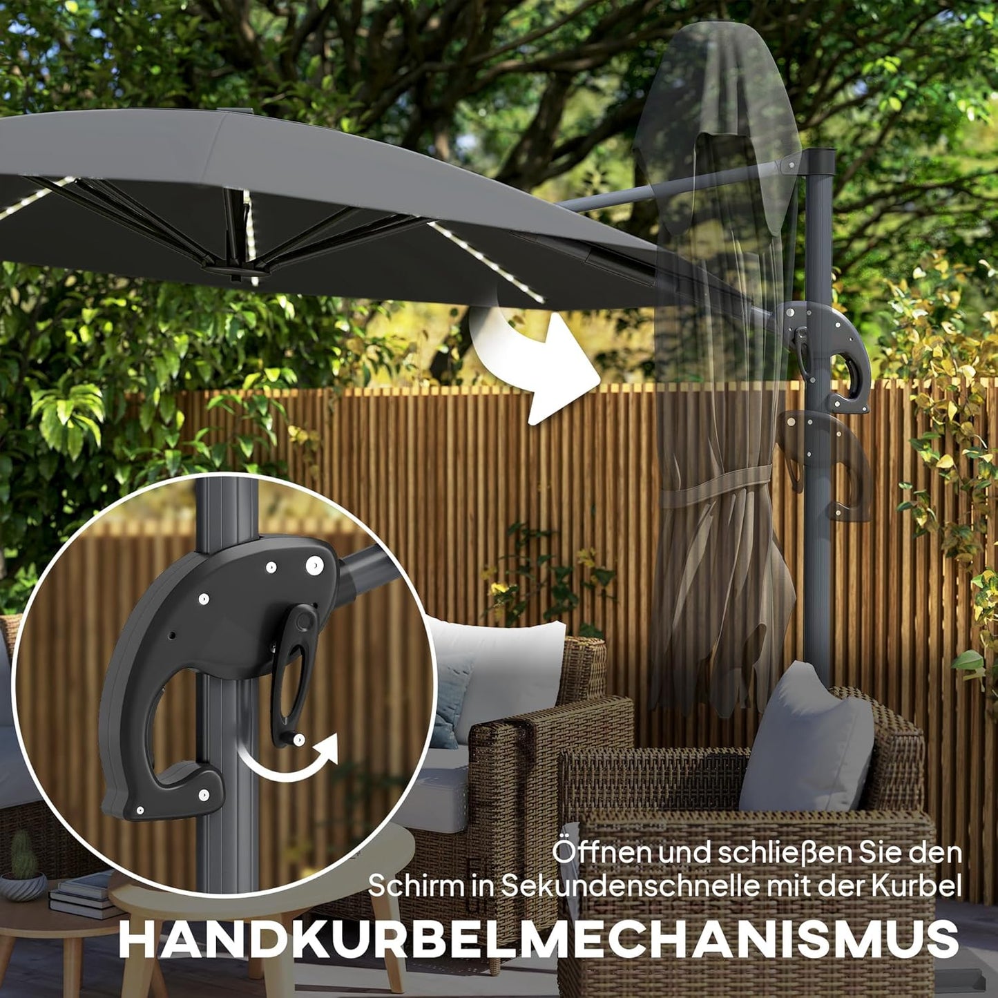 Outsunny Alu Ampelschirm LED Solar Ø300cm höhenverstellbar Sonnenschirm mit Kurbel Ständer UV50+ Wasserabweisend 360° drehbar Marktschirm neigbar Gartenschirm Sonnenschutz für Garten Balcony - QUORE