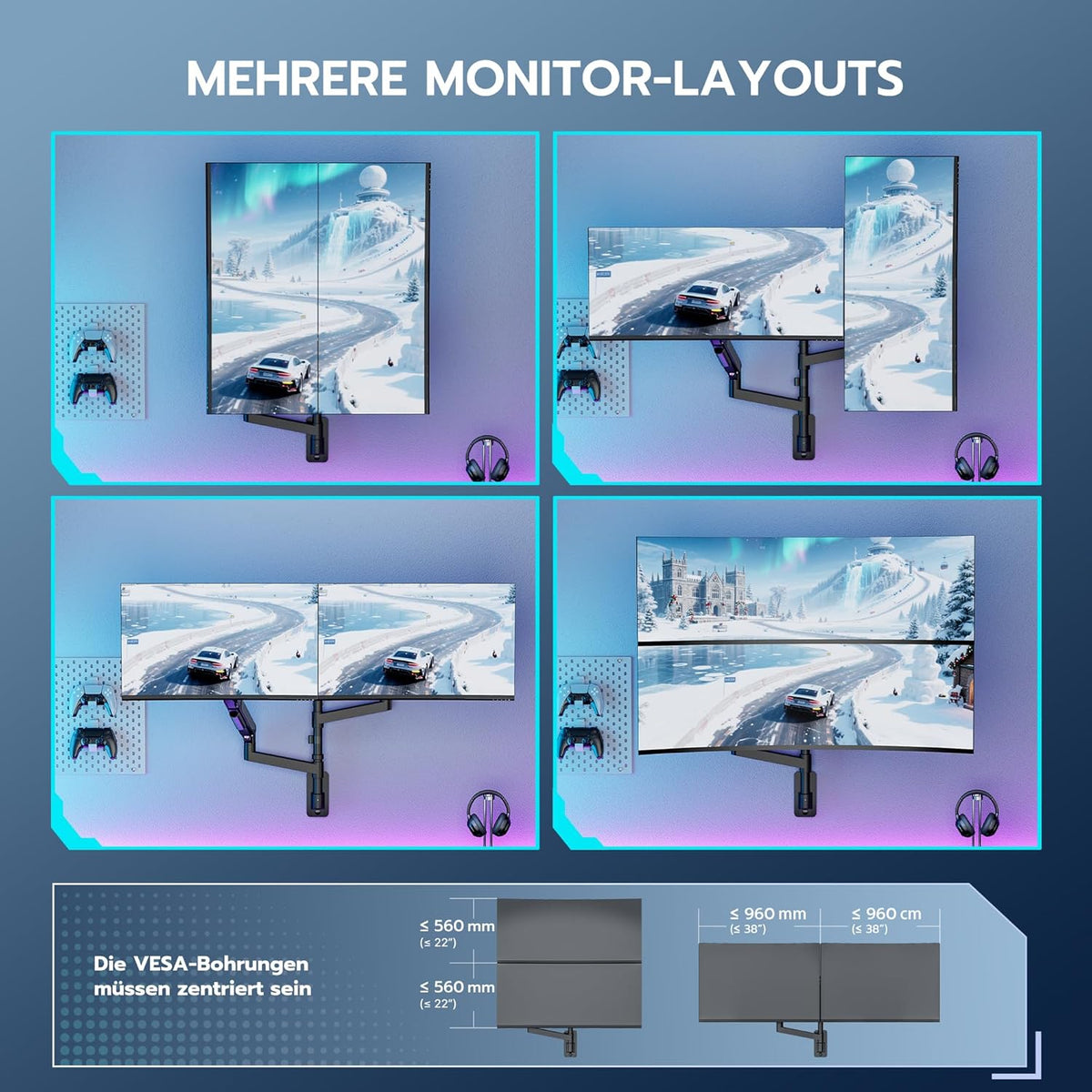 ARES WING Monitor muurbeugel 2 monitoren, voor Ultra Wide 24-57 inch beeldschermen, 27 kg/arm, VESA 75/100, gasdrukveer, pc-monitor, volledige verstelbare monitorhouder voor kantoor en gaming