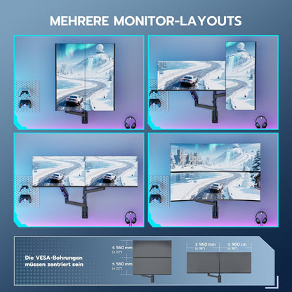 ARES WING Monitor muurbeugel 2 monitoren, voor Ultra Wide 24-57 inch beeldschermen, 27 kg/arm, VESA 75/100, gasdrukveer, pc-monitor, volledige verstelbare monitorhouder voor kantoor en gaming