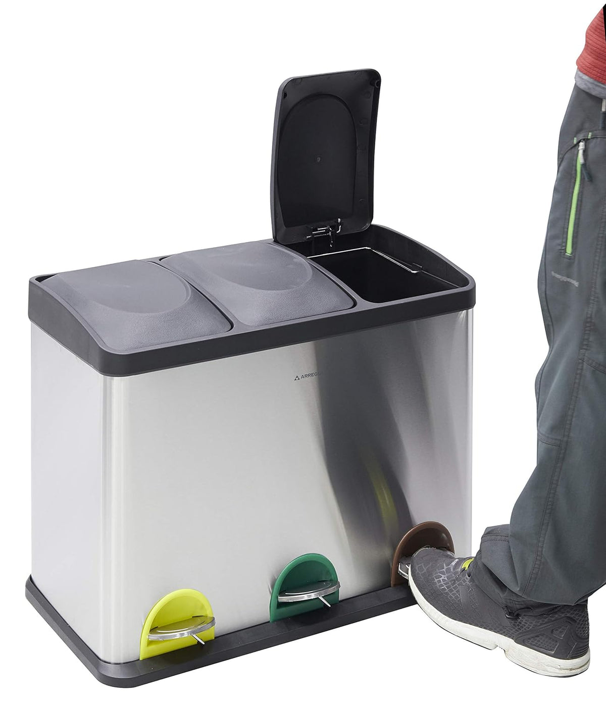 ARREGUI Step Bin CR705-45L Stalen Afval- en Recyclingbak met Pedaal | 3x15L (45L) | Keukenafvalbakken | Recycleeremmer voor Huis en Kantoor