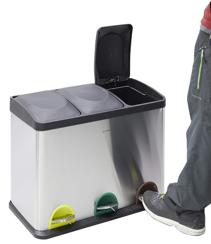 ARREGUI Step Bin CR705-45L Stalen Afval- en Recyclingbak met Pedaal | 3x15L (45L) | Keukenafvalbakken | Recycleeremmer voor Huis en Kantoor