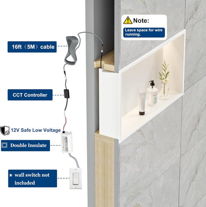 Wandnis douche roestvrij staal met LED-licht, ingebedde douchebak 60x30cm met 3 kleuren voor badkameropslag en decoratie, wit