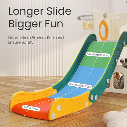 Kinderglijbaan met klimladder, basketbalkorf en tunnel, kunststof glijbaan voor binnen voor kinderen, Montessori-spelletjes voor speelplaats, groen