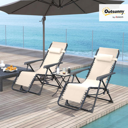 Opvouwbare Ligstoelenset – Ligstoel – Relaxstoel – Tuinstoel – Balkonstoel – Weerbestendig Metalen Frame – 5-Standen Verstelbare Rugleuning – Inclusief Tafel Met Bekerhouders – Beige