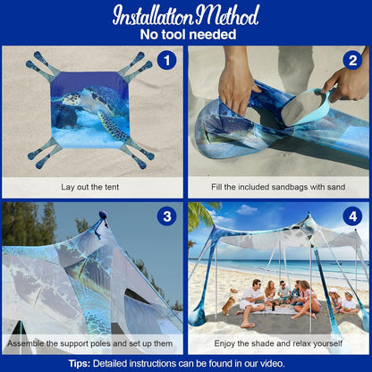 Rhino Valley Beach Tent Sun Shelter, Beach Canopy Tent Sun Shade UPF50+ Protection with 8 Sandbags 4 Stability Poles, Outdoor Beach Shade Canopy Camping, Fishing, 10 * 10FT, Dark Blue Turtle