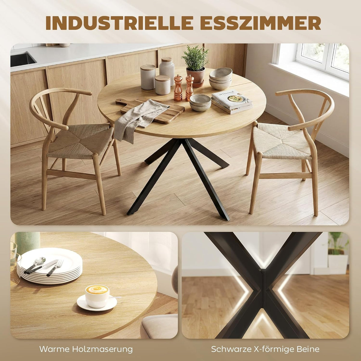 Ronde Eettafel – Ronde Tafel – Eetkamertafel – Keukentafel – Werktafel – Industrieel Design – Ø100 cm Tafelblad – Stalen Kruispoten