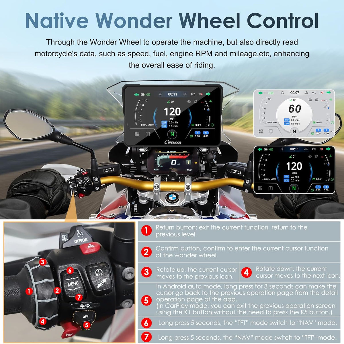 Draadloze CarPlay BMW Motorfiets Display – Moto Carplay Systeem – Navigatie Scherm – Touchscreen Module – Android Auto Interface – 7 Inch Waterdicht Touchscreen – Dual Bluetooth Met Intercomfunctie