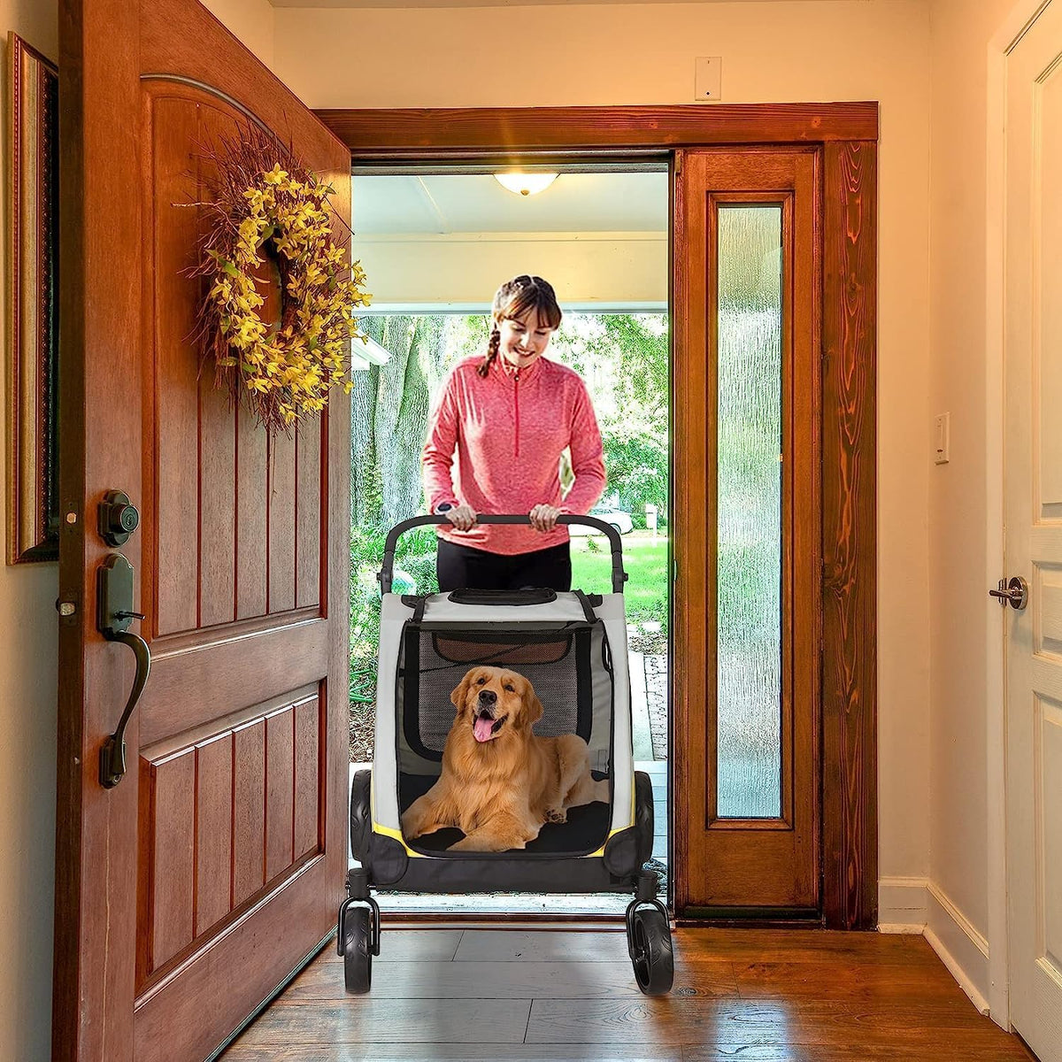 BingoPaw Heavy duty hondenwagen voor zware grote honden: opvouwbare hondenbuggy, tot 42 kg, hondenbuggy met 4 wielen, 3 netramen, verstelbare handgreep