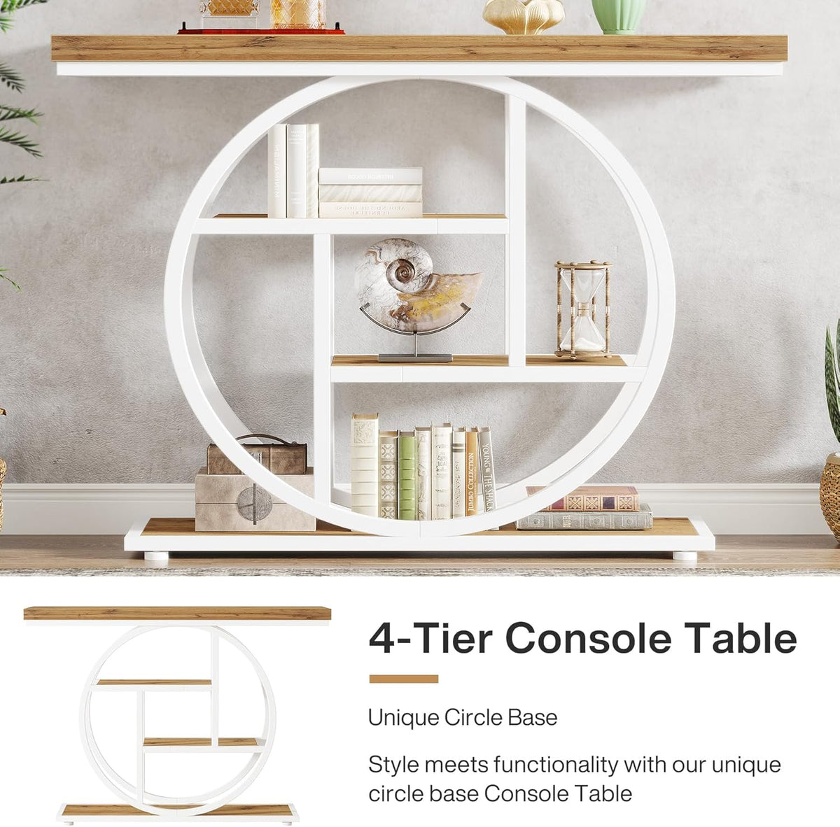 Tribesigns Console Table 105cm with 4 Levels, Narrow Industrial Sofa Table with Round Metal Frame, Wooden Entrance Table with Storage Racks for Living Room (Brown-White)