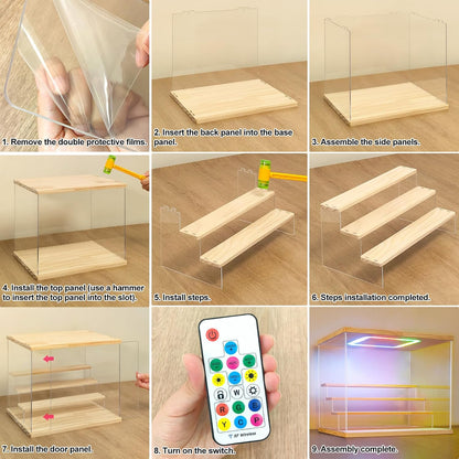 Nonemey Transparante Acryl Vitrinestandaard met Kleurrijk Led Licht,3/4/5/6 Lagen Vitrinekast Stofdichte Organisator Acryl Doos voor Verzamelobjecten Figurines (Hout, 6Tier-49*30*40 cm)