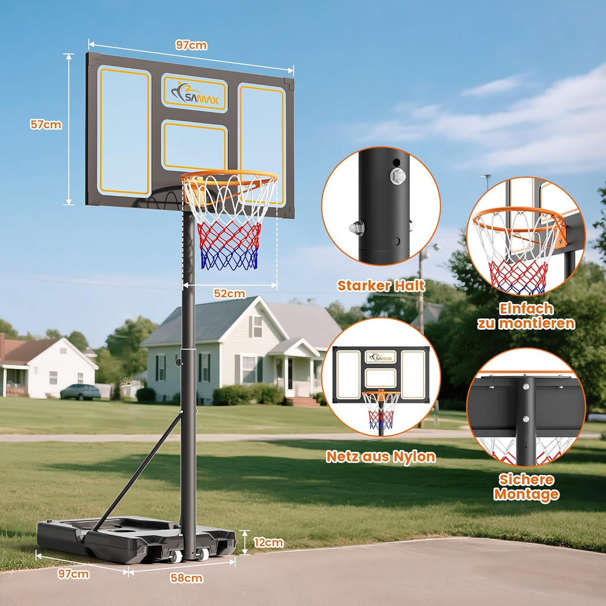 SAMAX Basketball Stand Basketball Ring Height Adjustable 100-305cm with Wheels & Net - Portable for Kids, Teens & Adults - Indoor/Outdoor Use, Sturdy Base & Board - QUORE