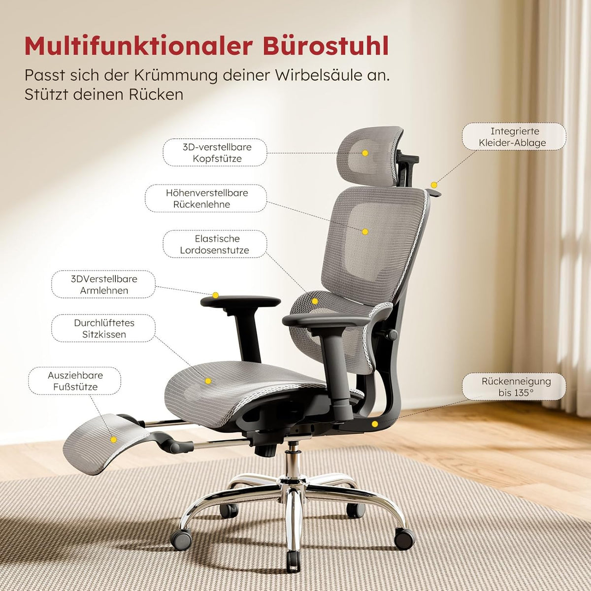 Ergonomische Bureaustoel – Bureaustoel Kantoorstoel Werkstoel Stoel Meshstoel – Volledig Mesh Design – Afneembaar Zitkussen – Uittrekbare Voetensteun – 3D Verstelbare Armleuningen – Zelfaanpassende Lendensteun – 360° Draaibaar – Lichtgrijs