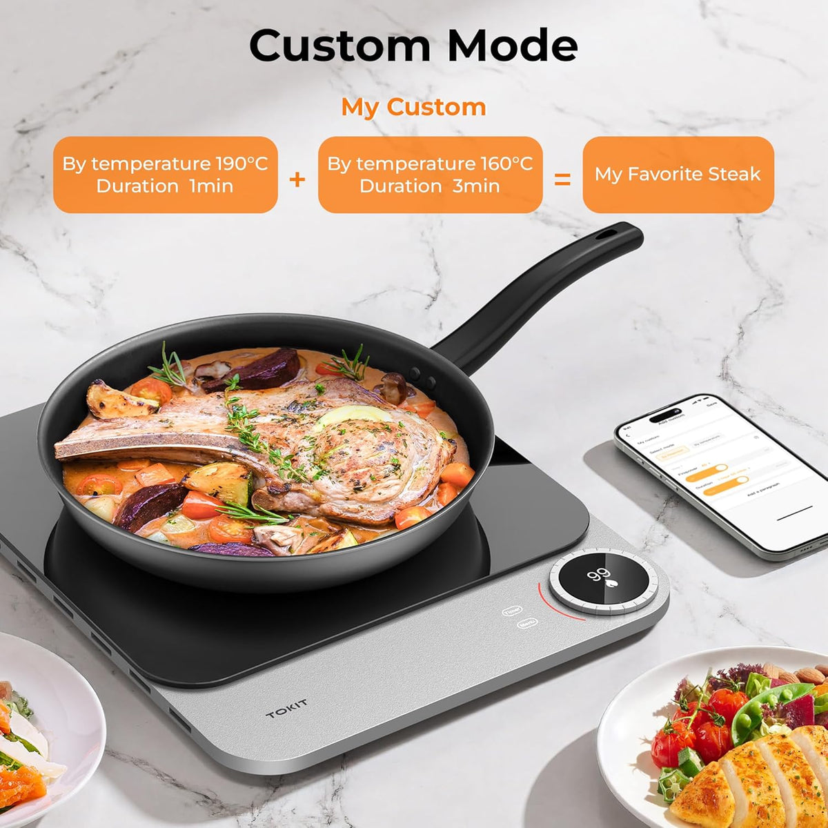 TOKIT Inductiekookplaat, 2100 W, enkele inductiekookplaat, draagbaar, 99 vermogensniveau, met oled-display, timer, 20 mm, ultradunne app-controle, temperatuursensor, van glas