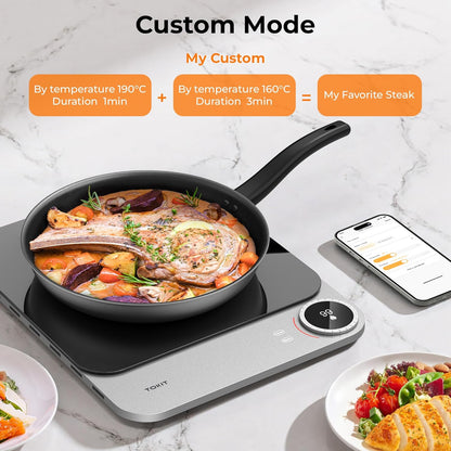TOKIT Inductiekookplaat, 2100 W, enkele inductiekookplaat, draagbaar, 99 vermogensniveau, met oled-display, timer, 20 mm, ultradunne app-controle, temperatuursensor, van glas