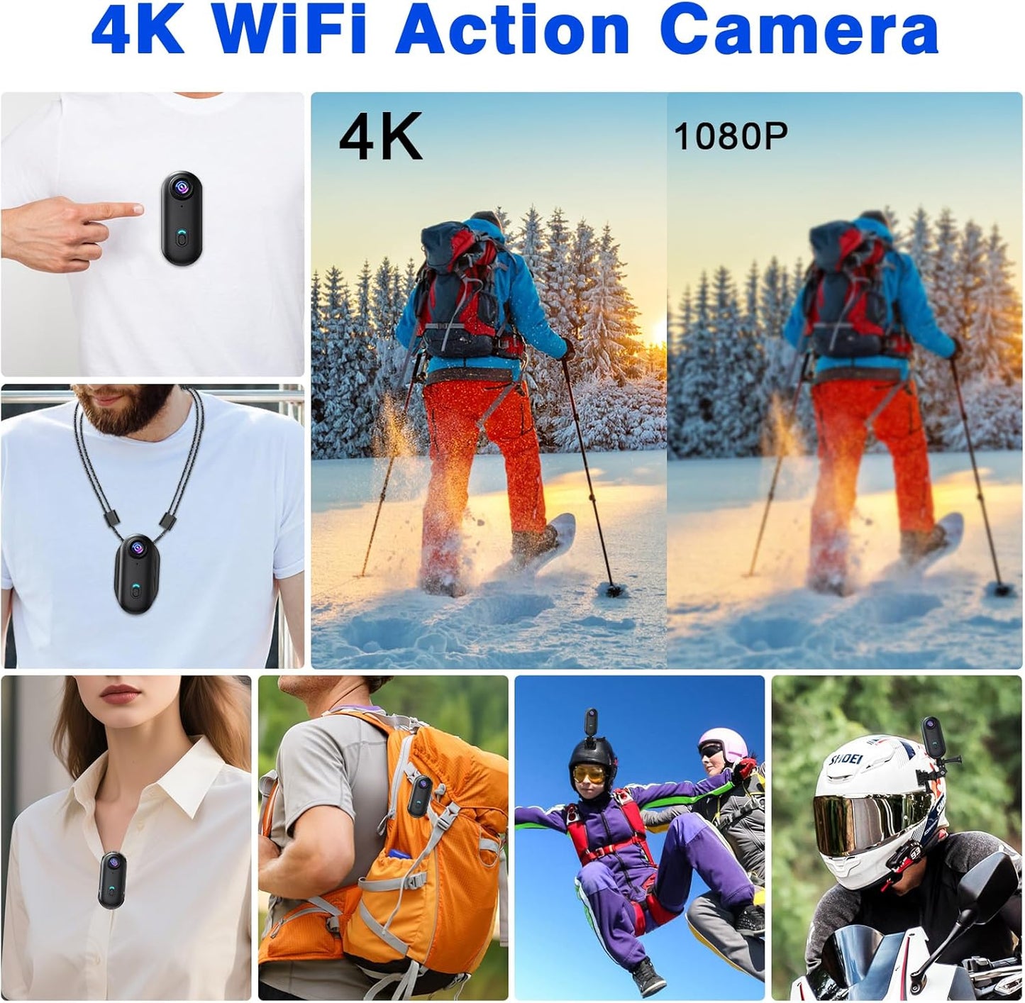 Actiecamera, wifi, 4K, waterdichte mini-actiecamera, mini-lichaamscamera, 120° motorhelmcamera met magnetische en meerdere houders, inclusief 16 GB SD-kaart