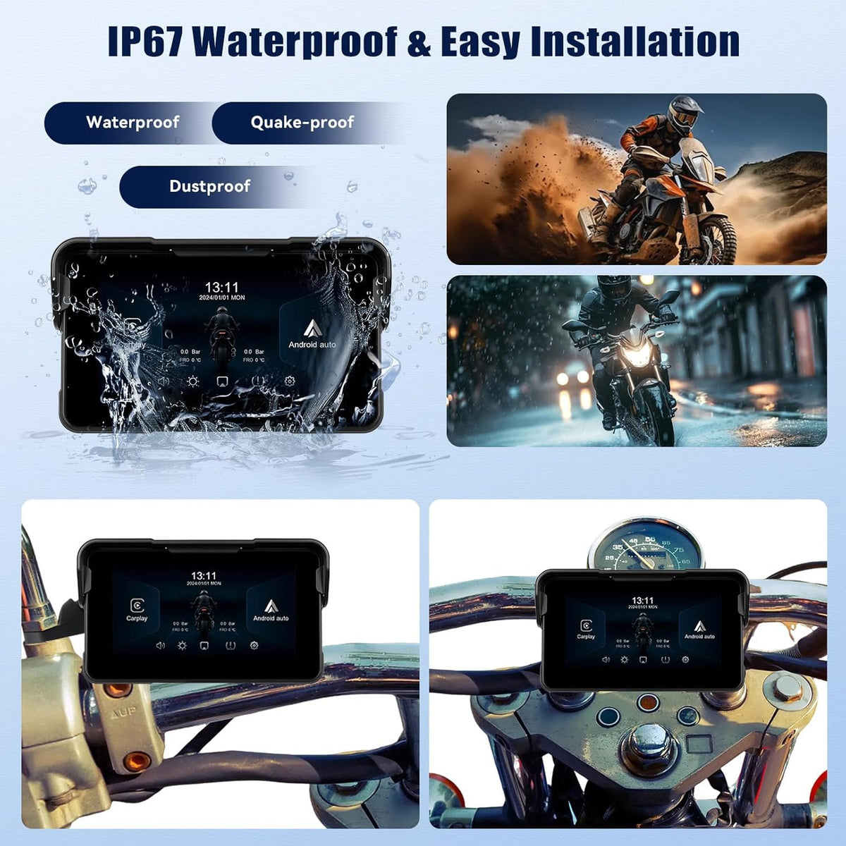Draagbaar CarPlay GPS-scherm voor motorfietsen met draadloze CarPlay Android Auto, 5 inch navigatie voor motorfietsen, waterdicht IP68 met Bluetooth Siri TF-poort + bandenspanningsdetectie