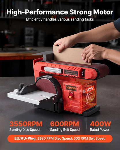 VEVOR 6 inch disc sander and 4 x 36 inch belt sander, 400 W professional pulley sander, combo with 0-45° adjustable work table and woodworking dust collection port