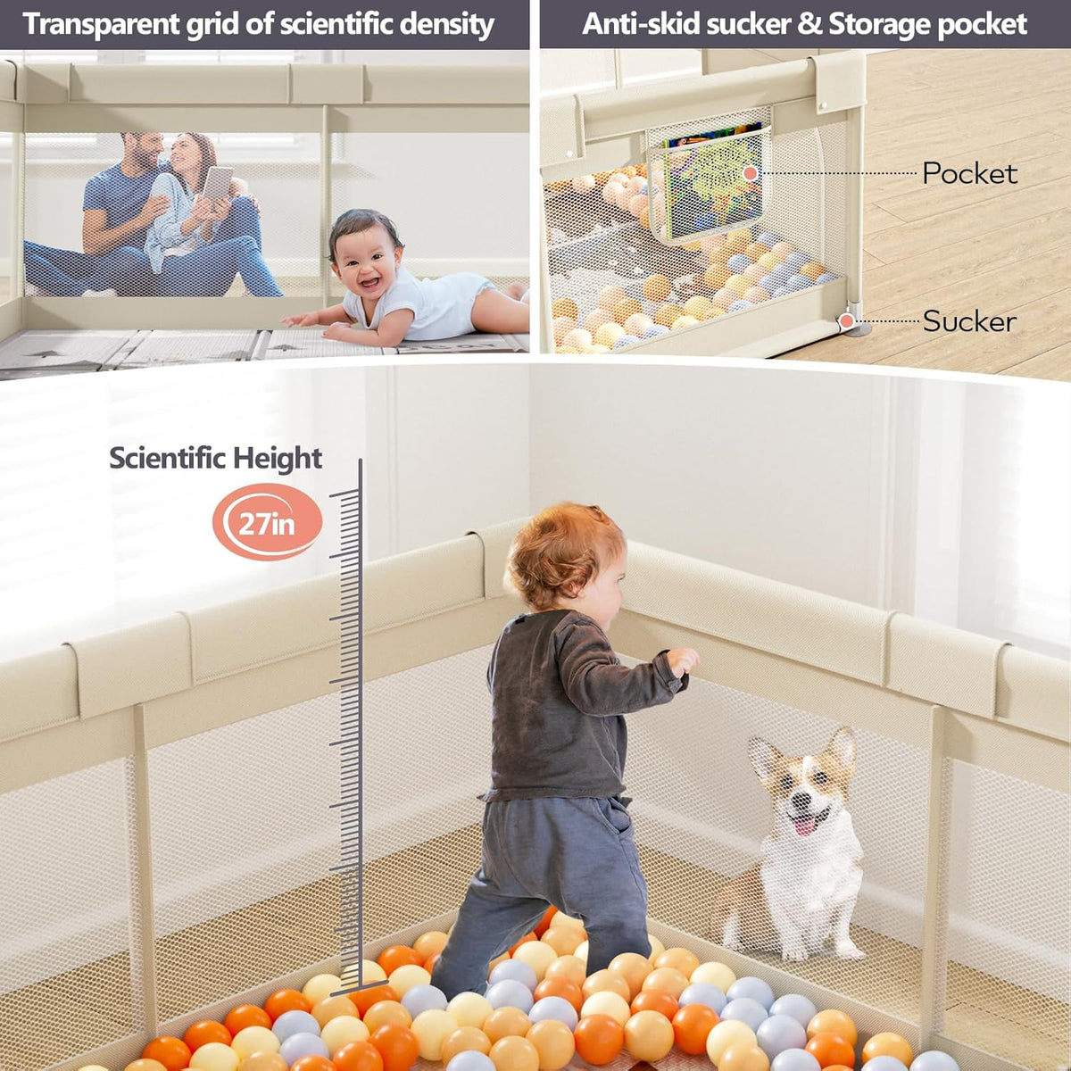 Fodoss Baby Playpen, 120 x 120 cm, Modular and Foldable, Beige with Children's Design, This Large Playpen is Perfect for Home, Beige - QUORE