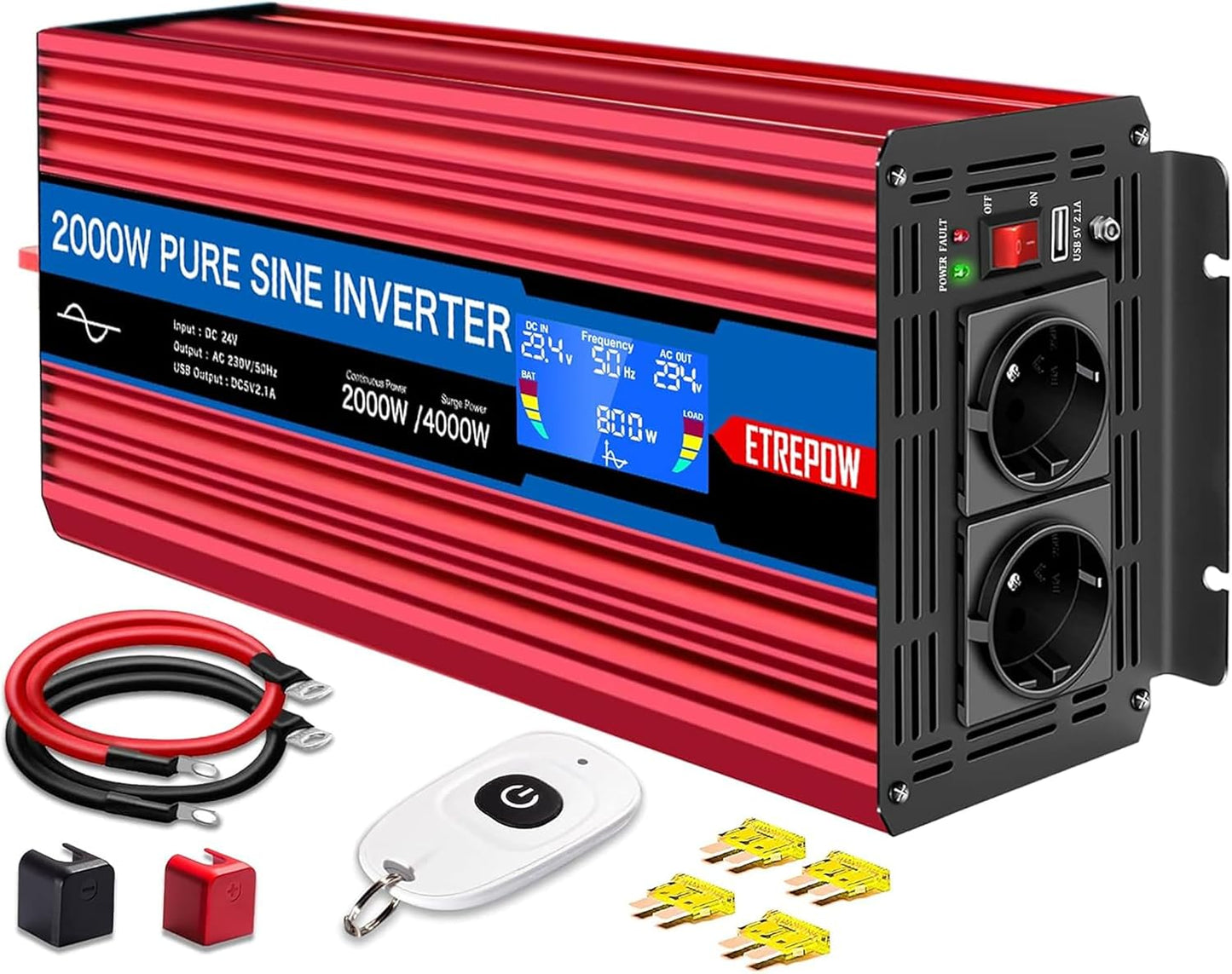 Omvormer 2000W/4000W 24V naar 230V Pure Sinus Volt ETREPOW Auto spanningsomvormer Omvormer Converter Pure Sine Wave Power Inverter DC AC omvormer (Draadloze afstandsbediening, display)