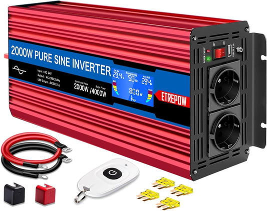 Omvormer 2000W/4000W 24V naar 230V Pure Sinus Volt ETREPOW Auto spanningsomvormer Omvormer Converter Pure Sine Wave Power Inverter DC AC omvormer (Draadloze afstandsbediening, display)