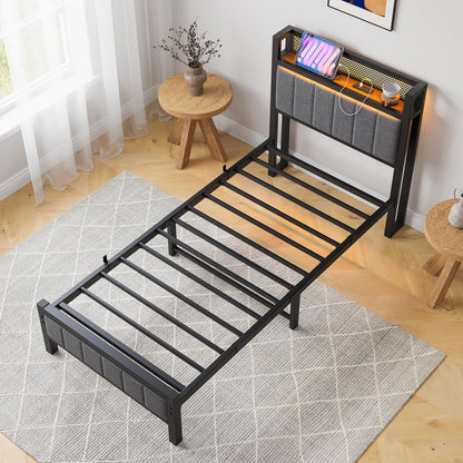Bedframe met led, laadstation, eenpersoonsbed, logeerbed, metalen bed, gestoffeerd bed, 90 x 200 cm, bedframe van metaal, jeugdbed met lattenbodem, hoofdeinde in grijs, voor slaapkamer en