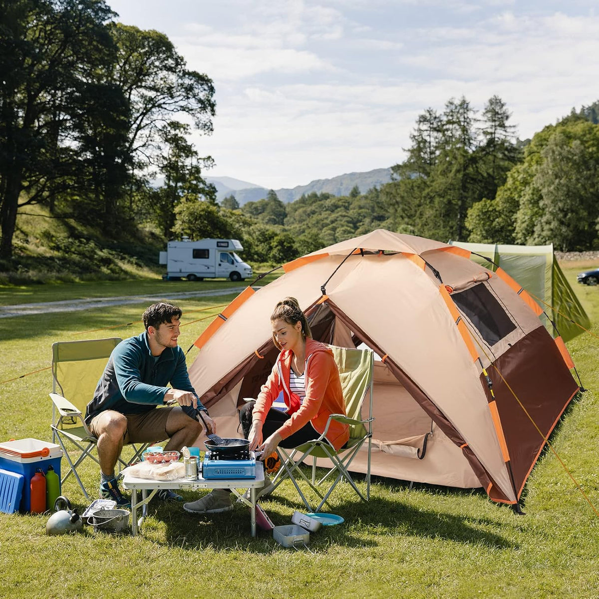 Campingtent, pop-up tent voor 4 personen, familiekoepeltent, waterdicht, winddicht, met 2 gaasdeuren, 2 gaasramen, dakramen, 2-in-1 dubbele lagen, opbergtas voor kamperen, wandelen, backpacken