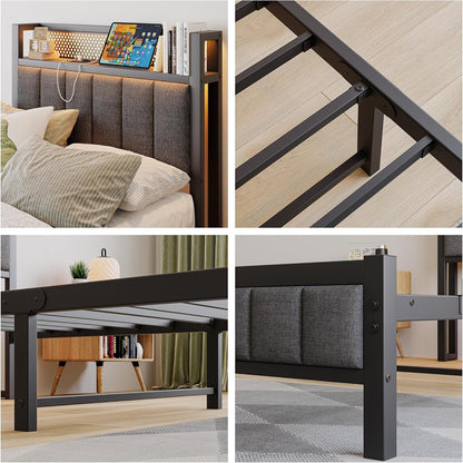 Bedframe met led, laadstation, eenpersoonsbed, logeerbed, metalen bed, gestoffeerd bed, 90 x 200 cm, bedframe van metaal, jeugdbed met lattenbodem, hoofdeinde in grijs, voor slaapkamer en