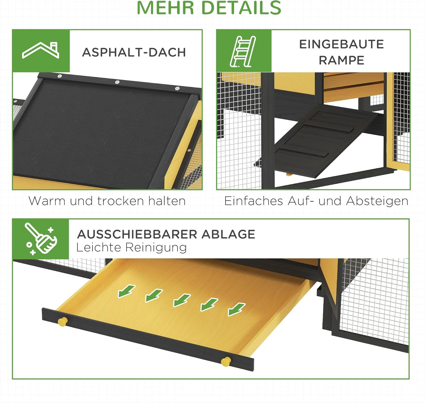 PawHut Hühnerstall aus Holz Hühnerhaus mit Nistkasten Geflügelstall mit Rampe, Gehege für Hühner Doppel-Laufstall mit Tablett, Gelb, 247 x 125 x 113.5 cm - QUORE
