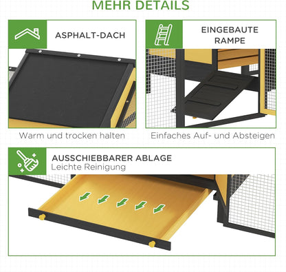 PawHut Hühnerstall aus Holz Hühnerhaus mit Nistkasten Geflügelstall mit Rampe, Gehege für Hühner Doppel-Laufstall mit Tablett, Gelb, 247 x 125 x 113.5 cm - QUORE